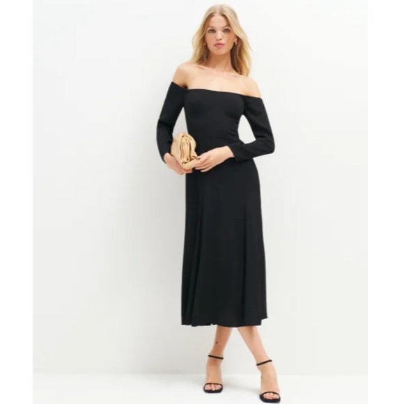 Reformation Dresses & Skirts - NWOT Reformation Ballari Dress in Black Midi Off Shoulder Long Sleeves
